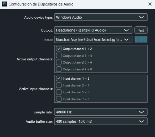 Configuración de audio de Multitrack