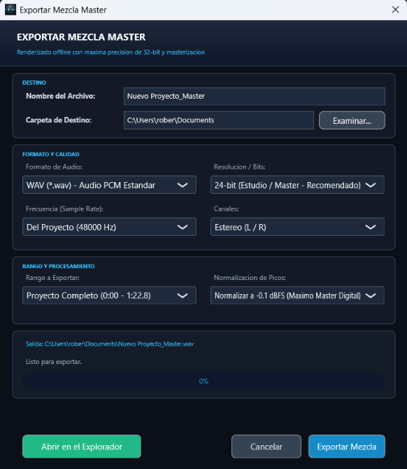 Opciones de exportación de audio